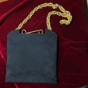 Black Suede Lewis Vintage Shoulder Bag with Gold Chain Strap